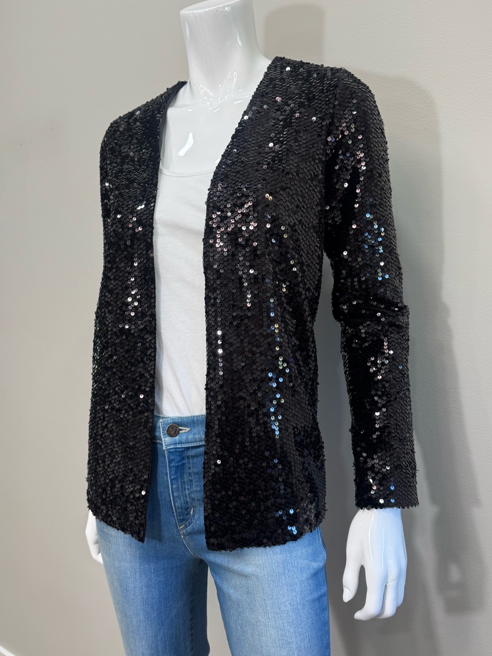 MICHAEL STARS Black Sequin Open Front Blazer Jacket Party Holiday Size S